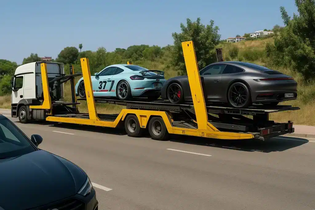Camión especializado transportando varios coches por carretera hacia Europa