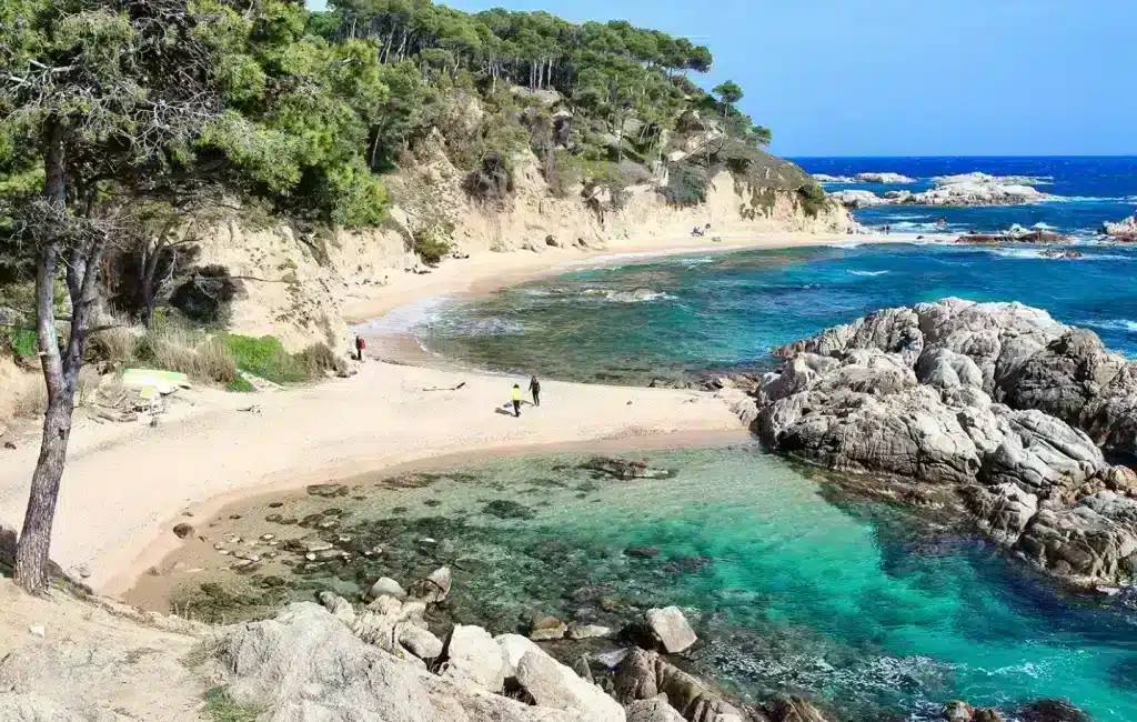 Steinete bukt med turkis vann og furutrær – typisk skjult cala på Costa Brava.