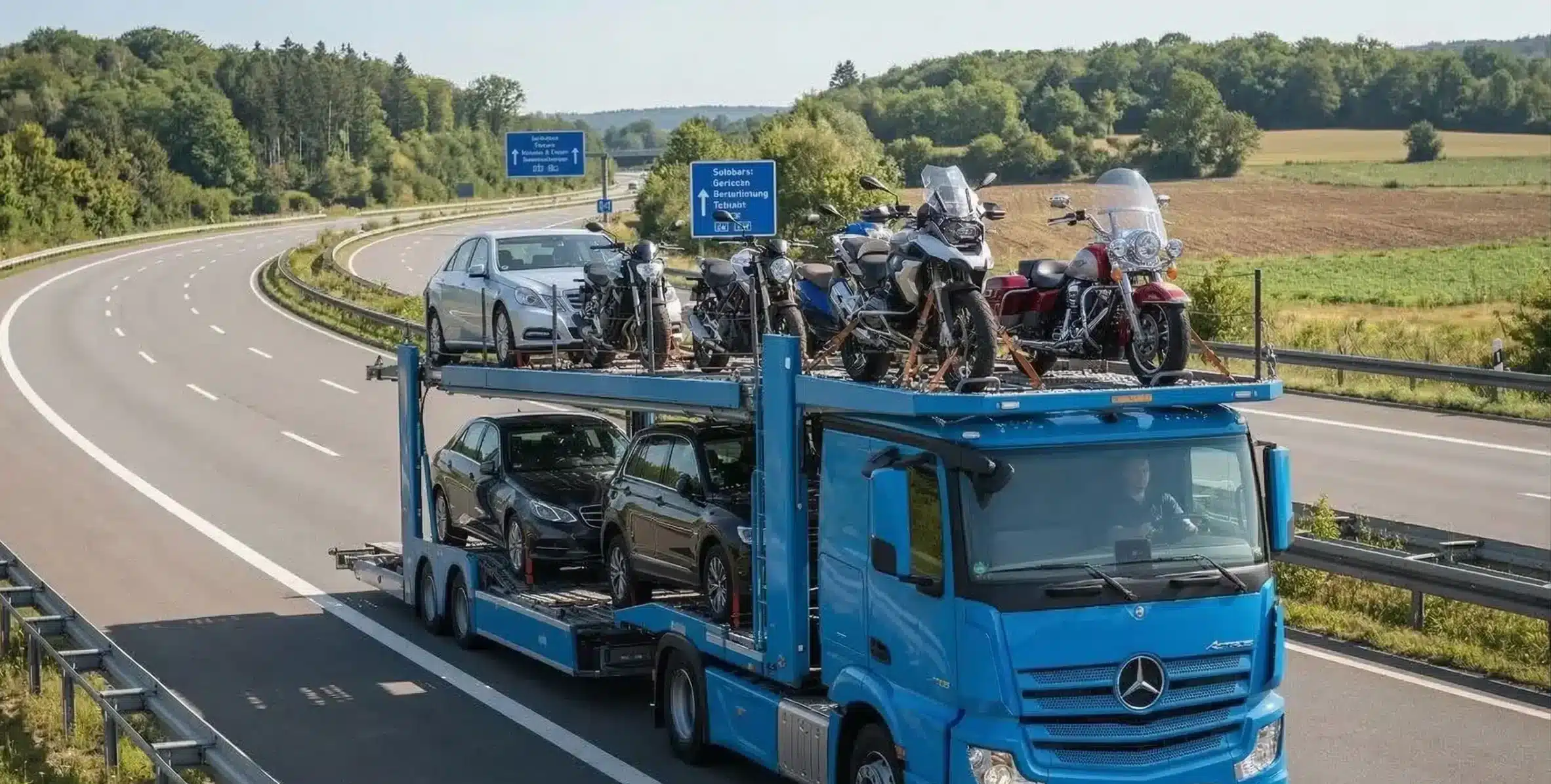 Camión transportando motocicletas por carretera